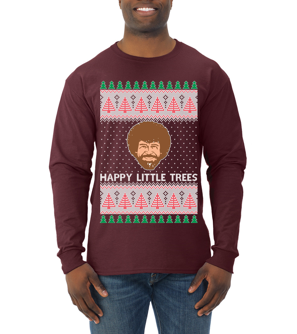 Bob Happy Little Trees Ross Painter, Christmas Gifts, Funny Xmas Gift Idea, Ugly Christmas  Mens Long Sleeve Shirt
