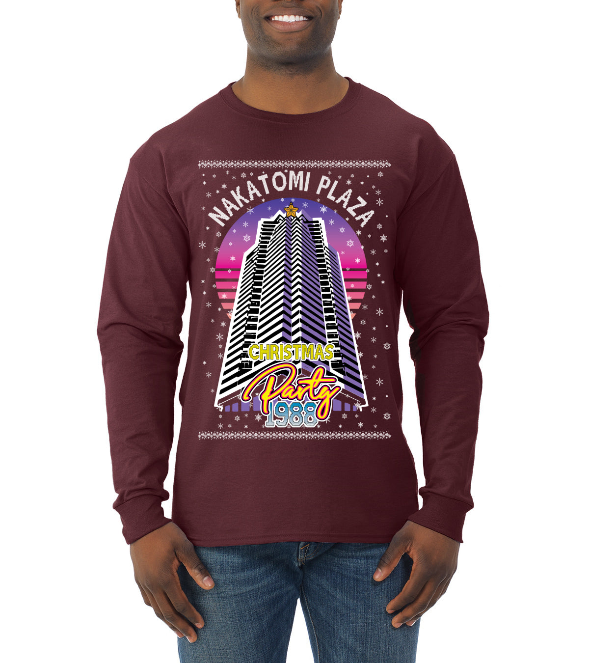 Retro Nakatomi Plaza 1988 Holiday Party, Xmas Movie, Christmas Gifts, Funny Xmas Gift Idea, Ugly Christmas  Mens Long Sleeve Shirt