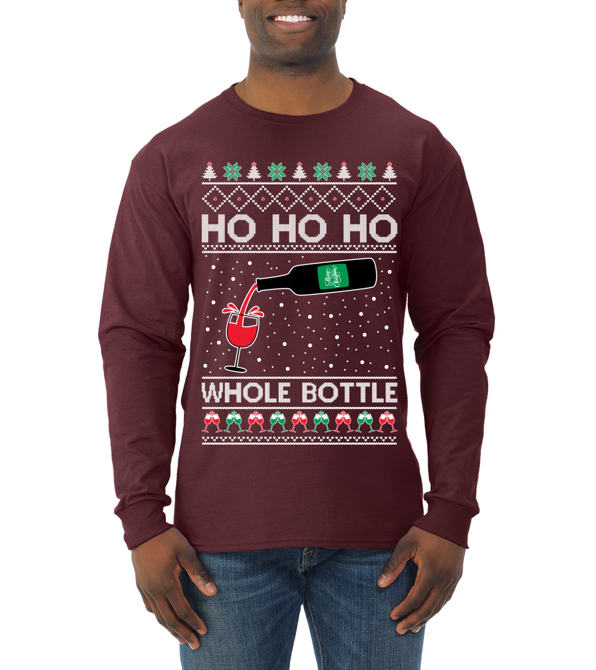 Ho Ho Ho Whole Bottle Wine Spirits, Christmas Gifts, Funny Xmas Gift Idea, Ugly Christmas  Mens Long Sleeve Shirt