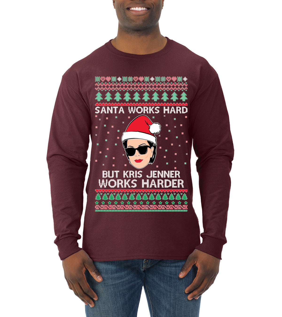 Santa Works Hard But Kris Works Harder Jenner, Christmas Gifts, Funny Xmas Gift Idea, Ugly Christmas  Mens Long Sleeve Shirt