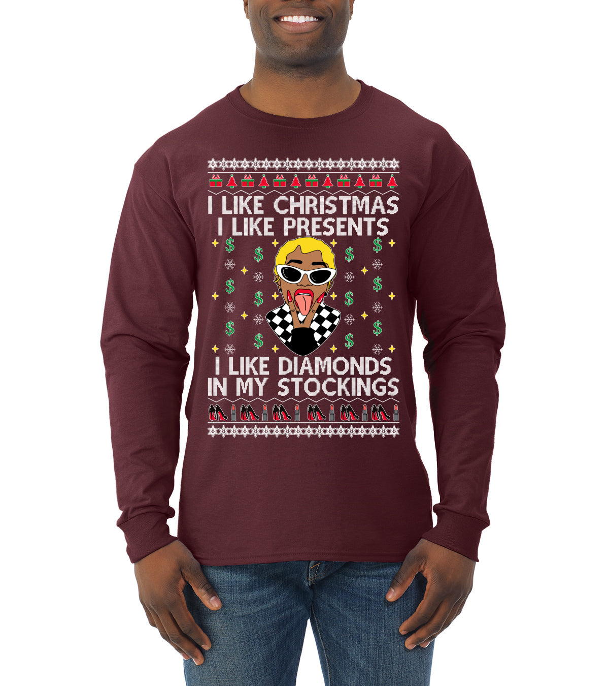 I Like Christmas, I like Presents Cardi, Christmas Gifts, Funny Xmas Gift Idea, Ugly Christmas Sweater Mens Long Sleeve Shirt