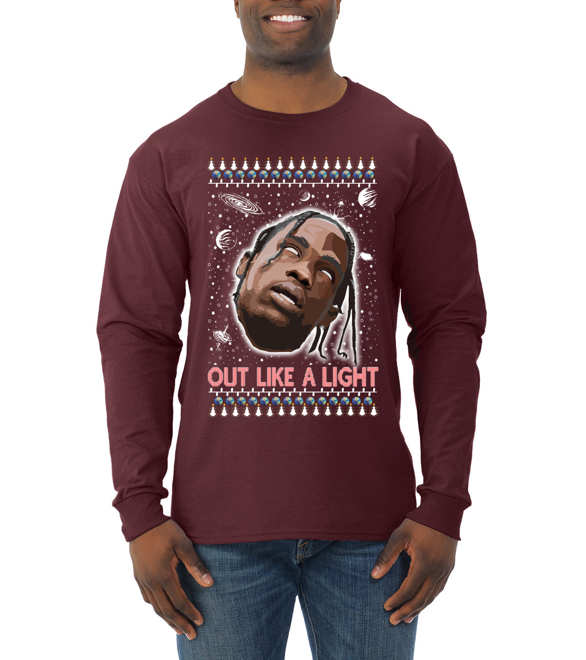 Out Like a Light, Christmas Gifts, Funny Xmas Gift Idea, Ugly Christmas Sweater Mens Long Sleeve Shirt