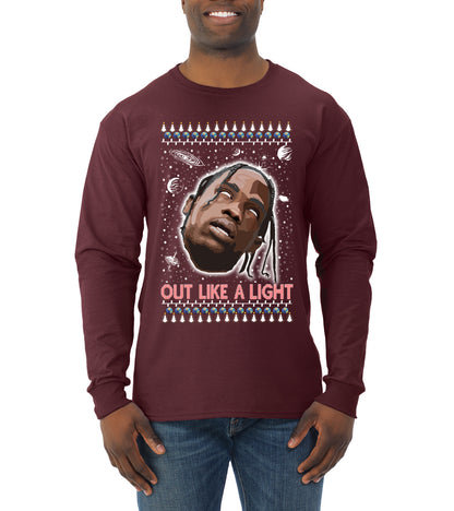 Out Like a Light, Christmas Gifts, Funny Xmas Gift Idea, Ugly Christmas Sweater Mens Long Sleeve Shirt