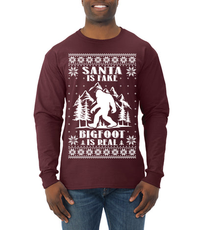 Santa Is Fake Bigfoot Is Real ,Christmas Gifts, Funny Xmas Gift Idea, Ugly Christmas Sweater Mens Long Sleeve Shirt
