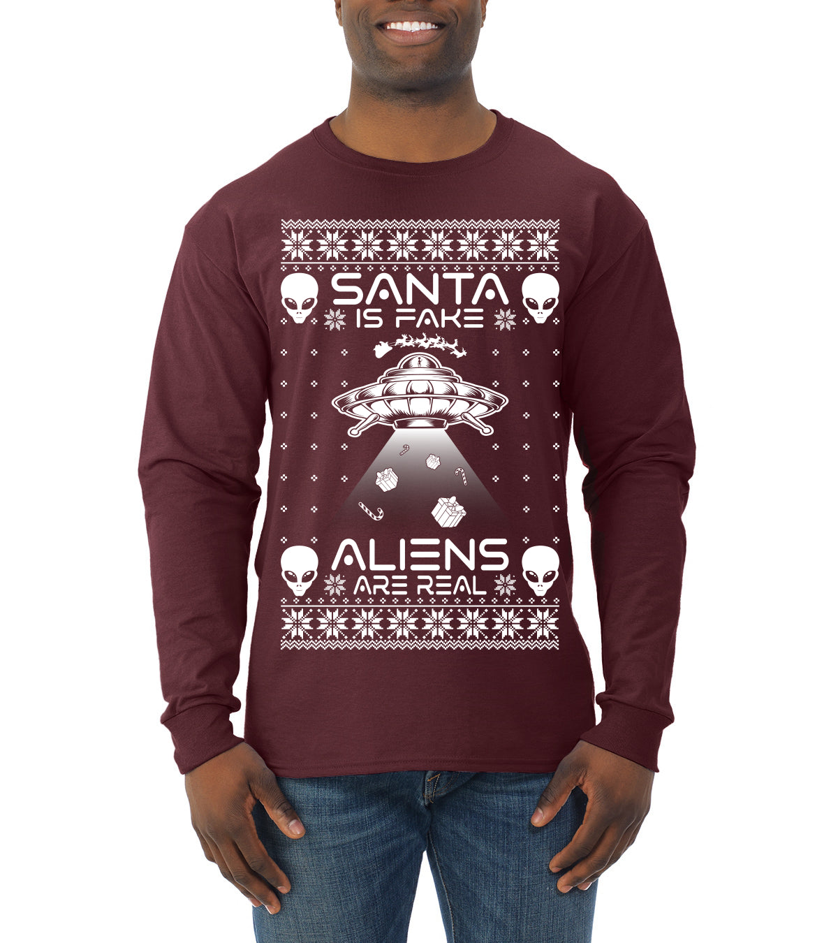 Santa Is Fake Aliens Are Real ,Christmas Gifts, Funny Xmas Gift Idea, Ugly Christmas Sweater Mens Long Sleeve Shirt
