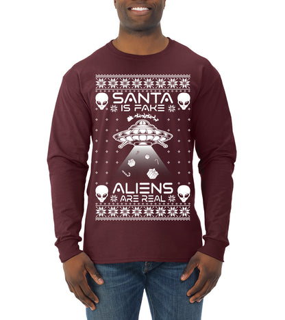 Santa Is Fake Aliens Are Real ,Christmas Gifts, Funny Xmas Gift Idea, Ugly Christmas Sweater Mens Long Sleeve Shirt