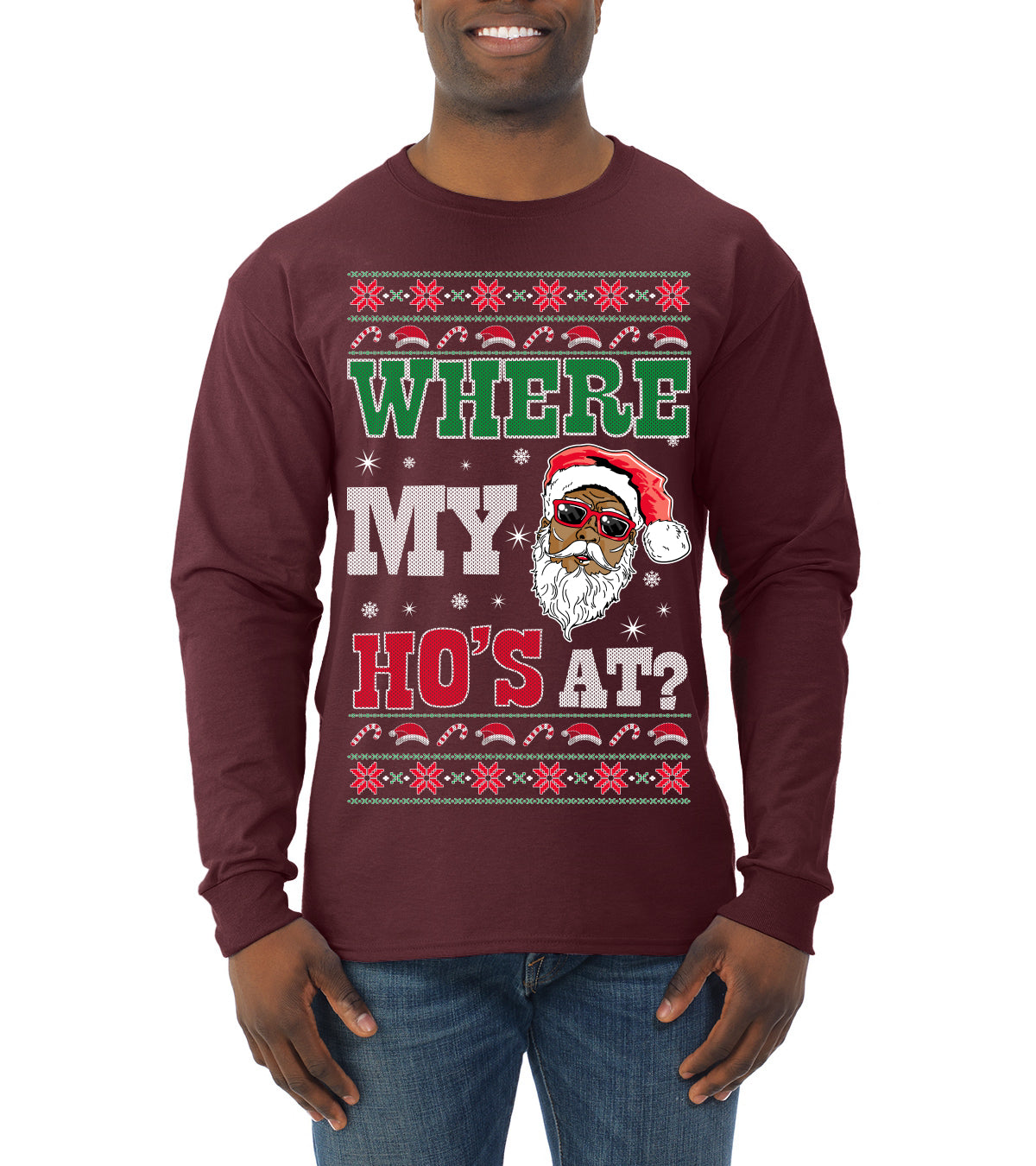 Where My Ho's At? ,Christmas Gifts, Funny Xmas Gift Idea, Ugly Christmas Sweater Mens Long Sleeve Shirt