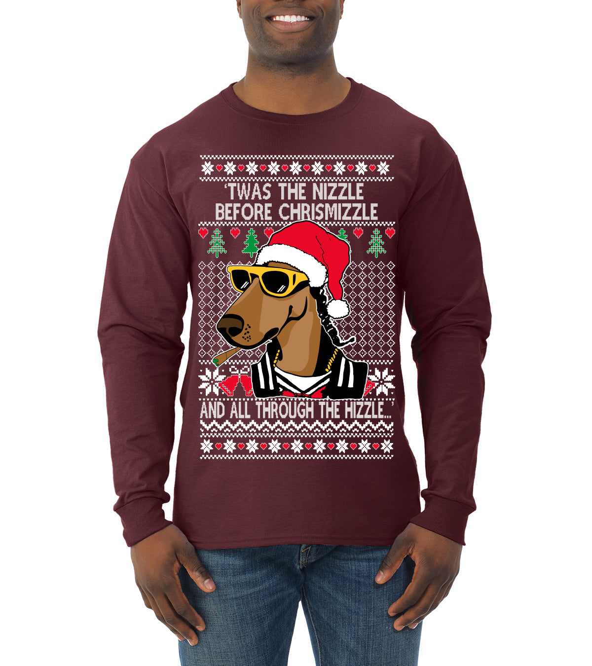 Twas The Nizzle Before Chrismizzle Gangster Dogg Rapper, Christmas Gifts, Funny Xmas Gift Idea, Ugly Christmas Sweater Mens Long Sleeve Shirt