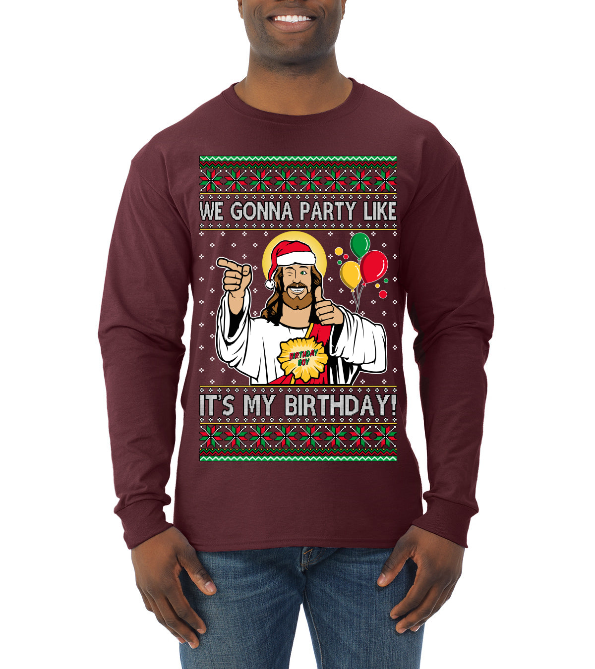 Gonna Party Like It's My Birthday Jesus, Christmas Gifts, Funny Xmas Gift Idea, Ugly Christmas Sweater Mens Long Sleeve Shirt