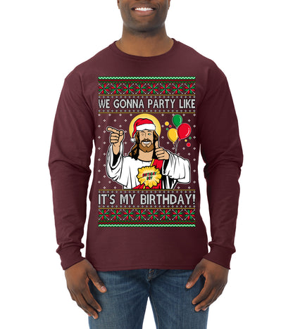 Gonna Party Like It's My Birthday Jesus, Christmas Gifts, Funny Xmas Gift Idea, Ugly Christmas Sweater Mens Long Sleeve Shirt