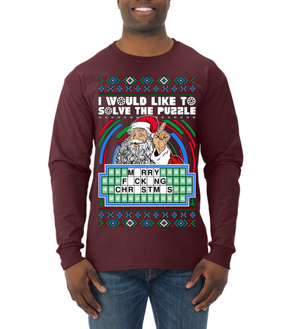 Santa Game Show I'd Like To Solve the Puzzle Wheel Ugly Christmas Sweater, Christmas Gifts, Funny Xmas Gift Idea, Mens Long Sleeve Shirt