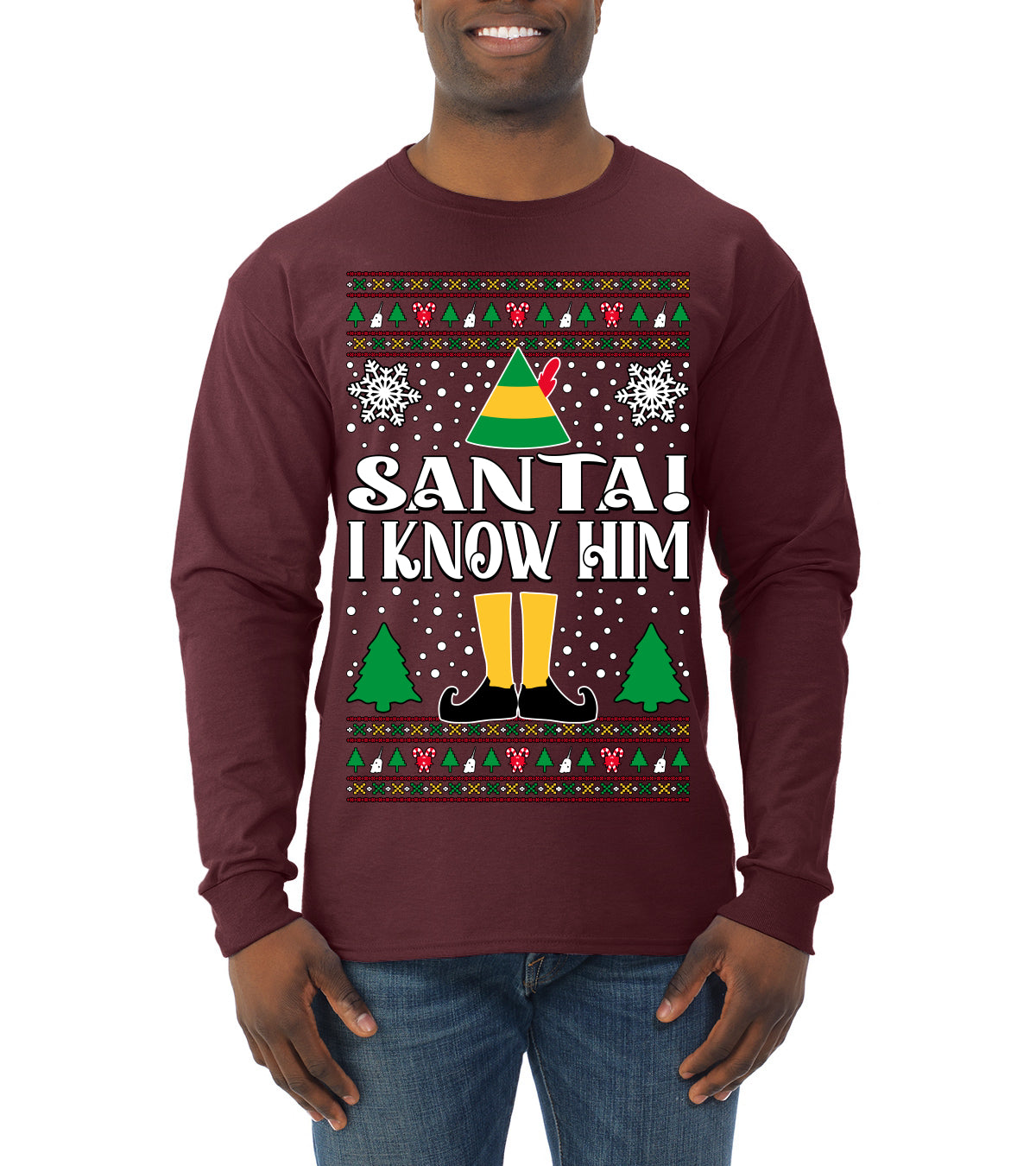 Santa! I Know Him Christmas Movie Quote , Christmas Gifts, Funny Xmas Gift Idea, Ugly Christmas Sweater Mens Long Sleeve Shirt