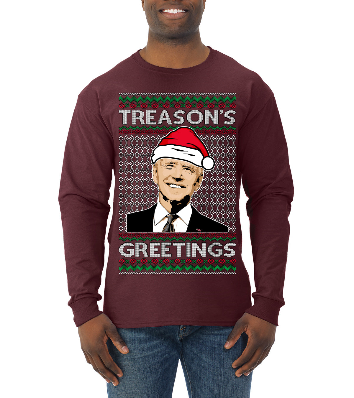 Treason's Greetings Biden President Humor Ugly Christmas Sweater, Christmas Gifts, Funny Xmas Gift Idea, Mens Long Sleeve Shirt