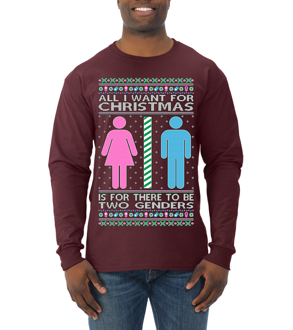 Two Genders For Christmas is All I Want, Christmas Gifts, Funny Xmas Gift Idea Ugly Christmas Sweater Mens Long Sleeve Shirt