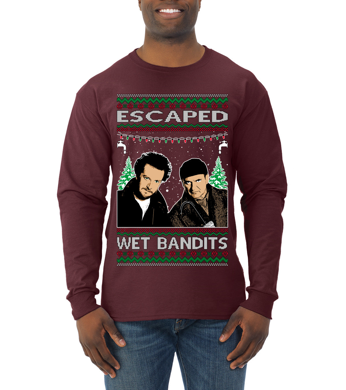 Escaped Bandits Classic Home Holiday Movie, Christmas Gifts, Funny Xmas Gift Idea, Ugly Christmas Sweater Mens Long Sleeve Shirt