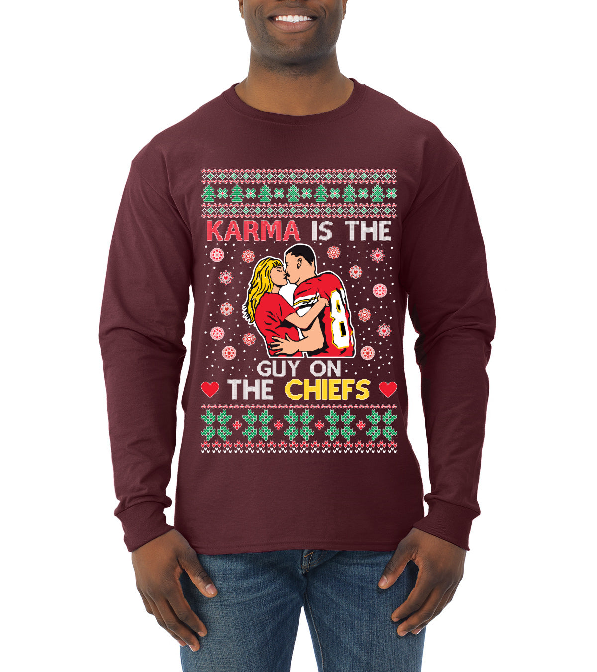 Karma is the Guy on the Football Team, Christmas Gifts, Funny Xmas Gift Idea, Ugly Christmas  Mens Long Sleeve Shirt