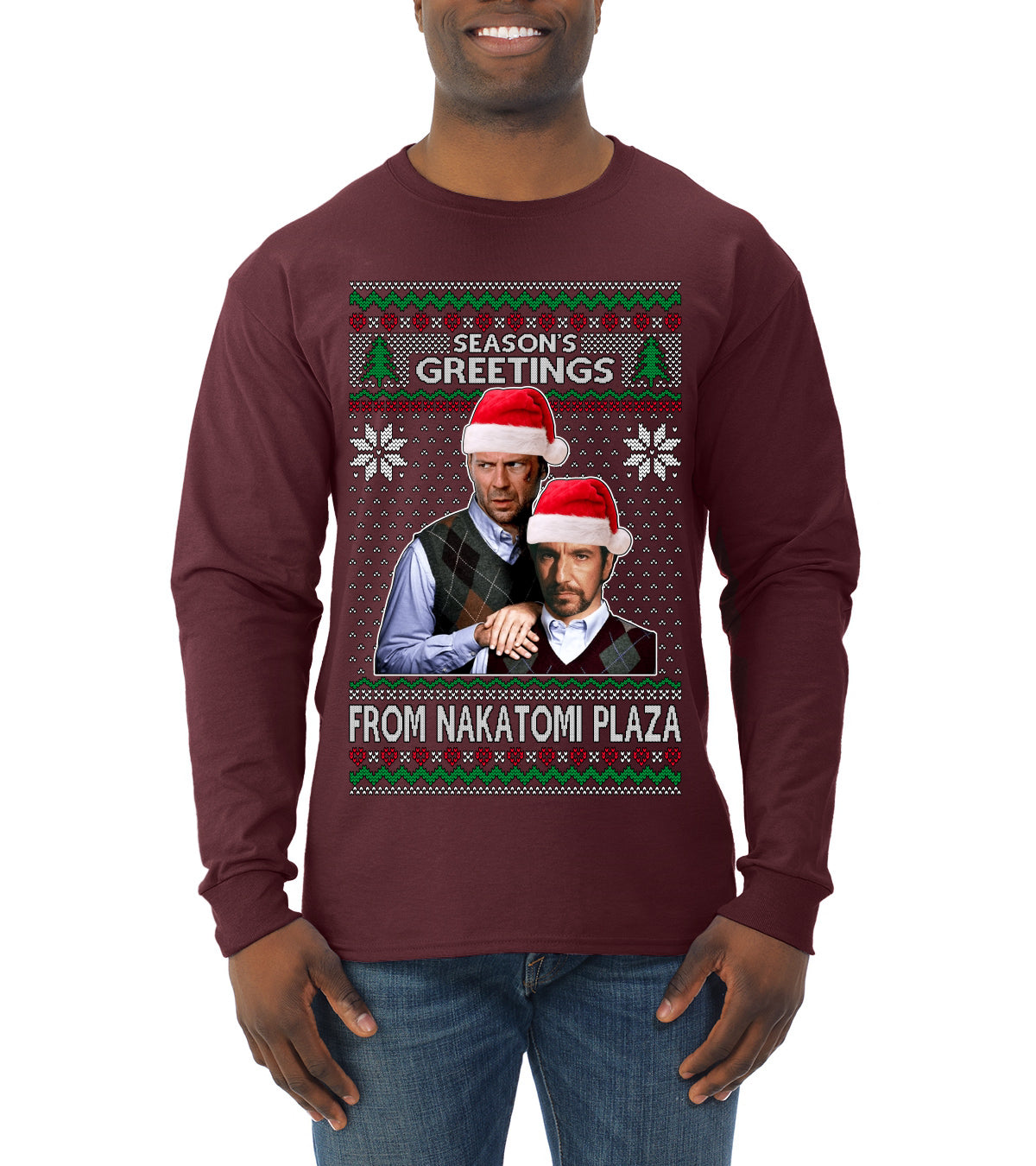 Nakatomi Plaza  Season's Greeting,  Christmas Gifts, Funny Xmas Gift Idea, Ugly Christmas Sweater Mens Long Sleeve Shirt