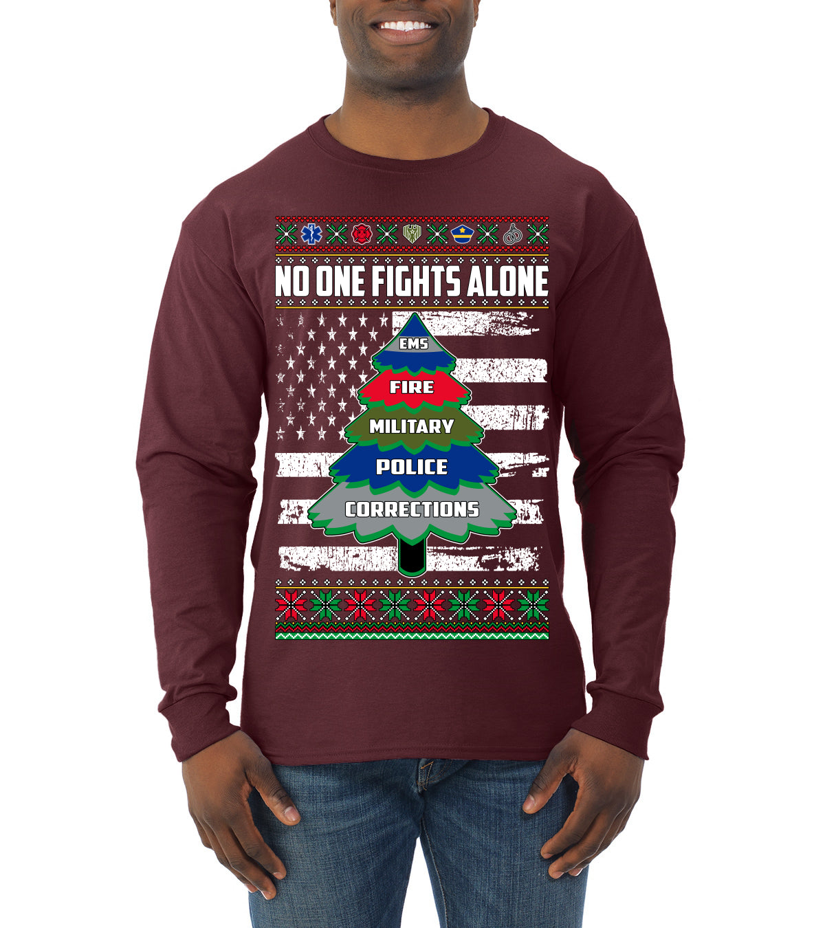 No One Fights Alone, The Heroes,  Christmas Gifts, Funny Xmas Gift Idea, Ugly Christmas Sweater Mens Long Sleeve Shirt