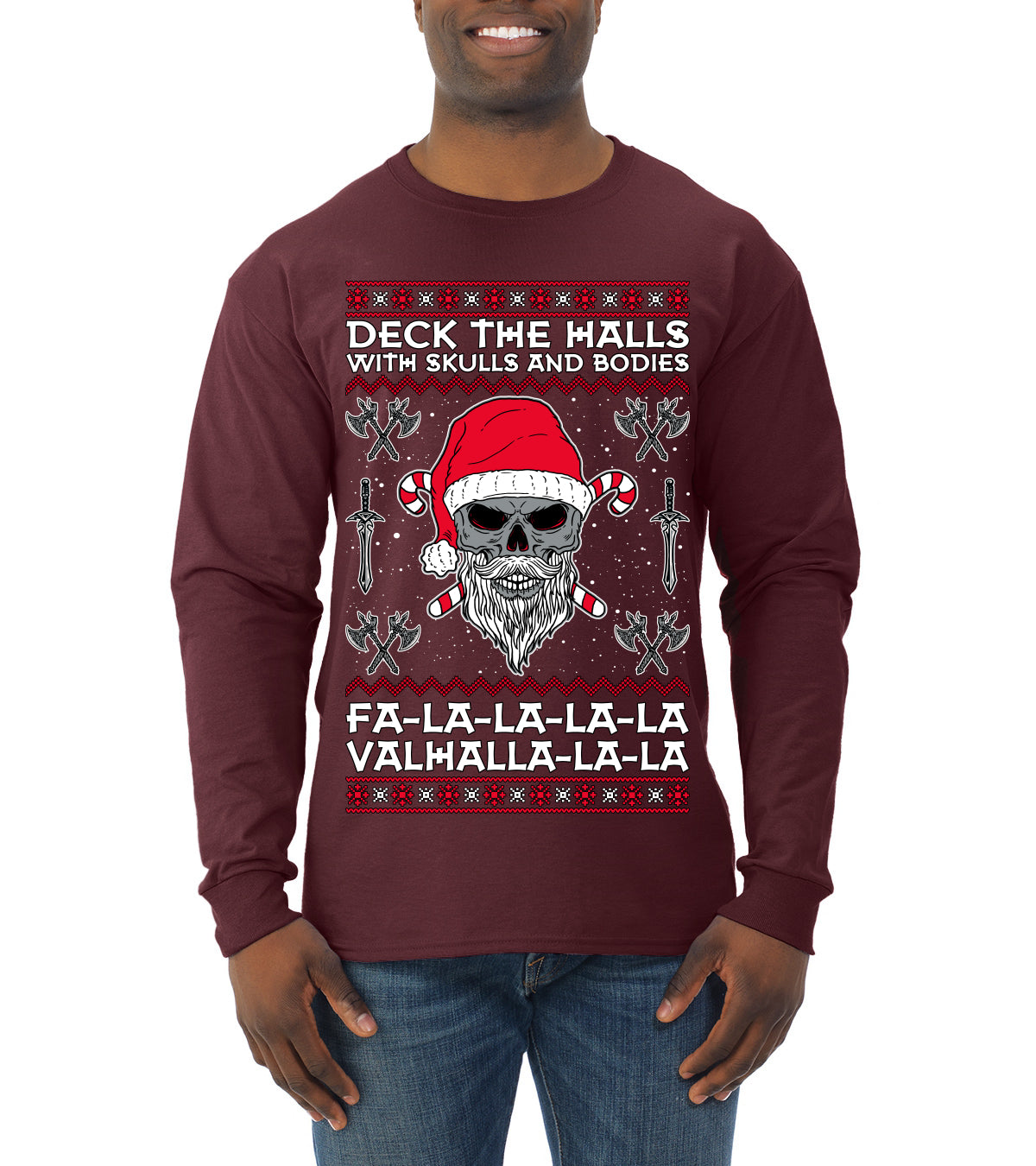 Valhalla Deck The Halls With Skulls & Bodies Movie Xmas Shirt, Christmas Gifts, Funny Xmas Gift Idea, Ugly Christmas Sweater Mens Long Sleeve Shirt