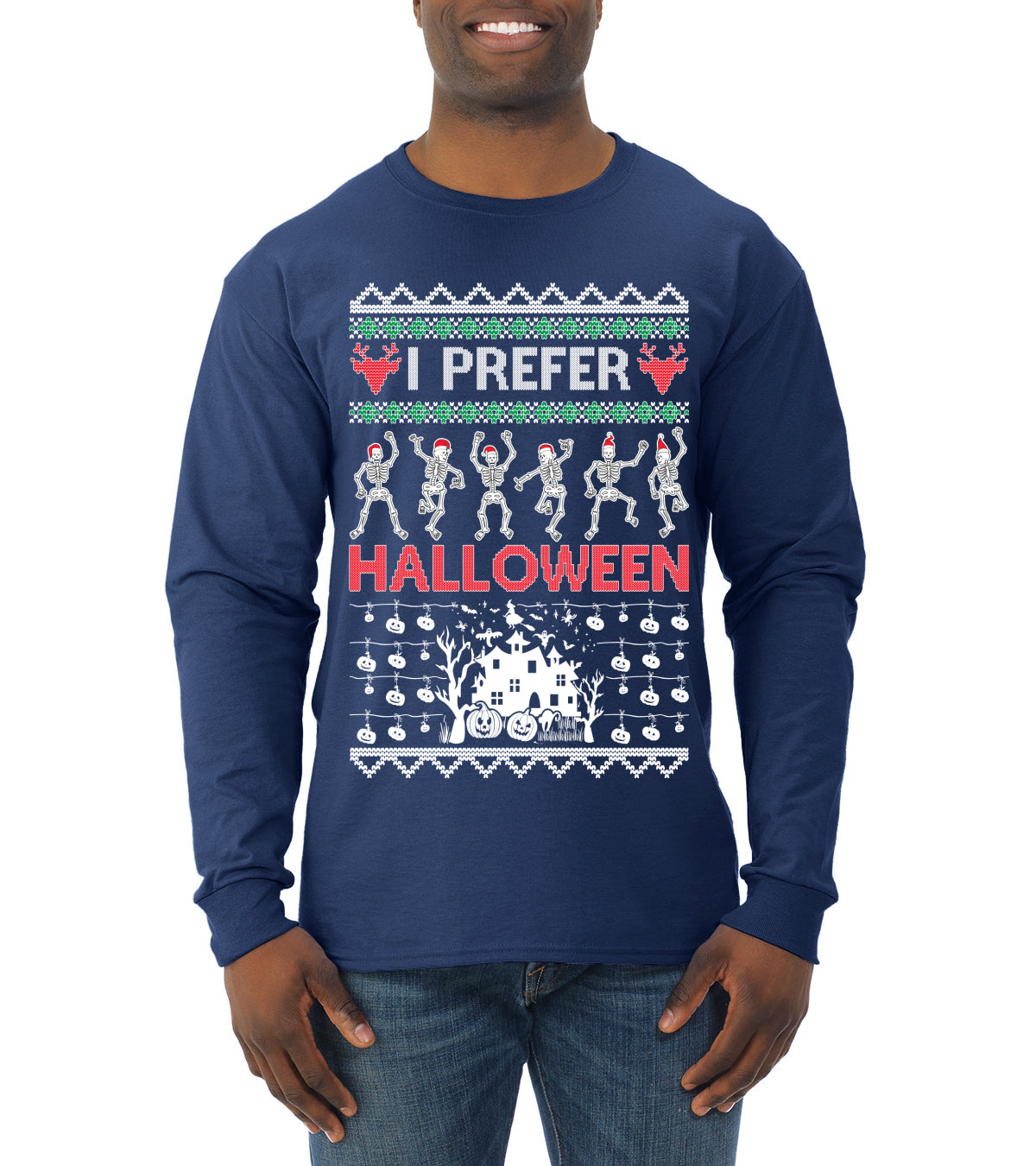 I Prefer Halloween Dancing Skeletons, Xmas Dancers, Christmas Gifts, Funny Xmas Gift Idea, Ugly Christmas  Mens Long Sleeve Shirt