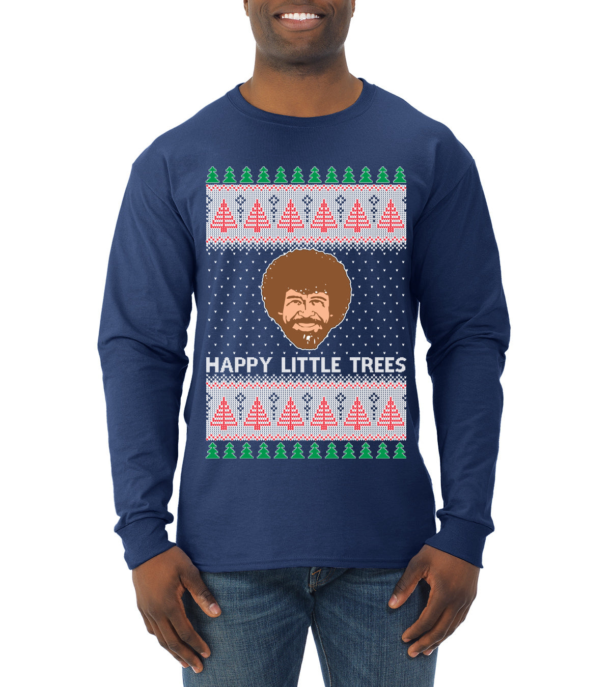 Bob Happy Little Trees Ross Painter, Christmas Gifts, Funny Xmas Gift Idea, Ugly Christmas  Mens Long Sleeve Shirt