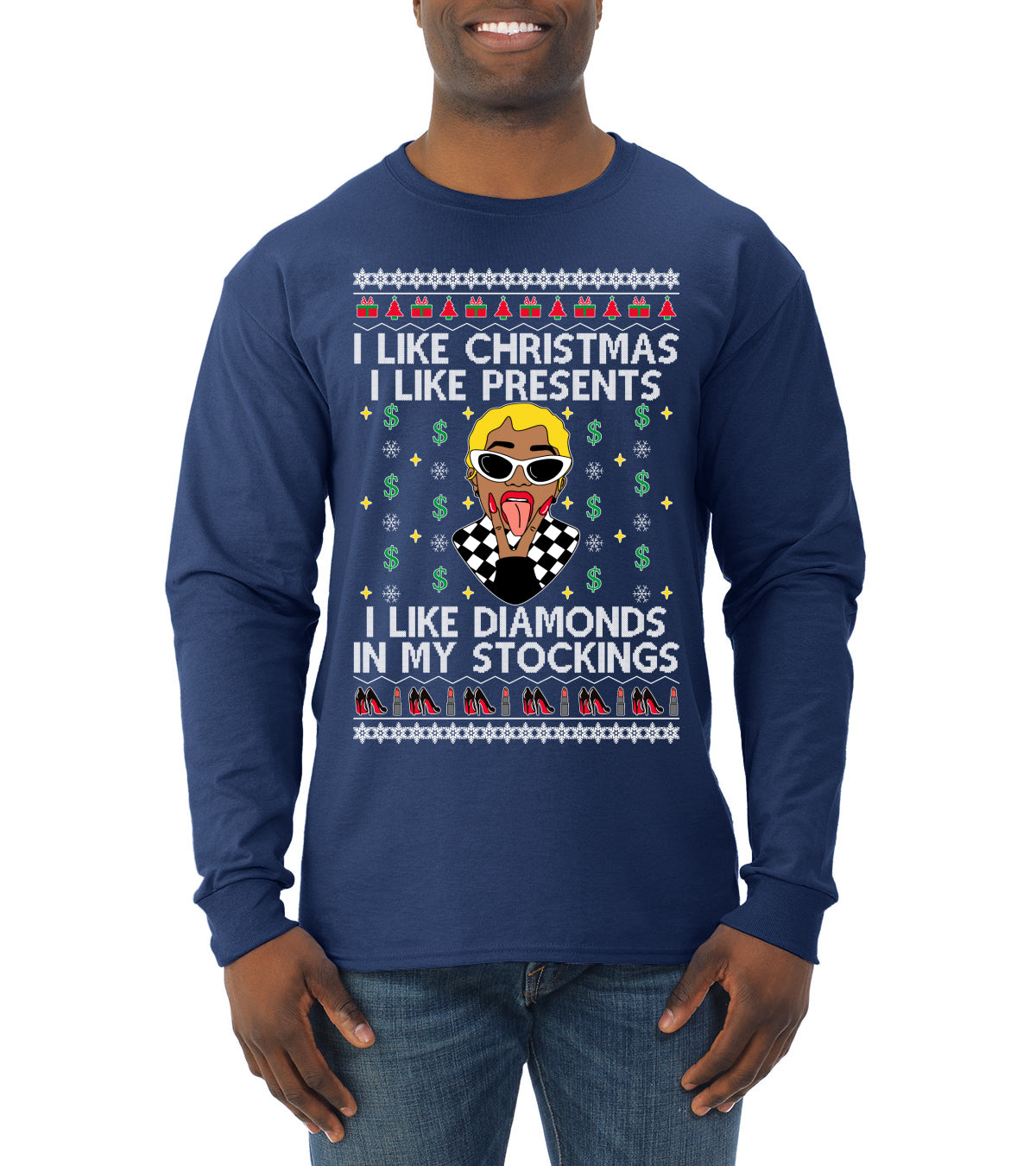 I Like Christmas, I like Presents Cardi, Christmas Gifts, Funny Xmas Gift Idea, Ugly Christmas Sweater Mens Long Sleeve Shirt