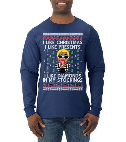 I Like Christmas, I like Presents Cardi, Christmas Gifts, Funny Xmas Gift Idea, Ugly Christmas Sweater Mens Long Sleeve Shirt