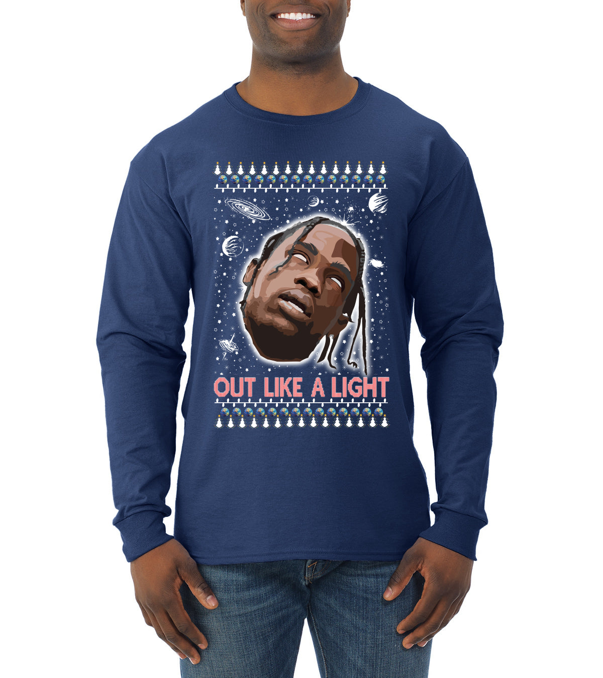 Out Like a Light, Christmas Gifts, Funny Xmas Gift Idea, Ugly Christmas Sweater Mens Long Sleeve Shirt