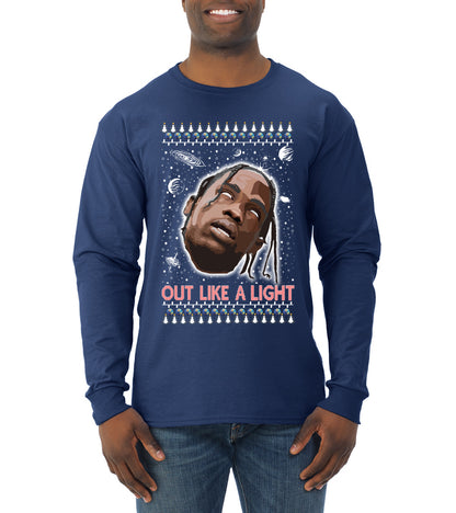 Out Like a Light, Christmas Gifts, Funny Xmas Gift Idea, Ugly Christmas Sweater Mens Long Sleeve Shirt