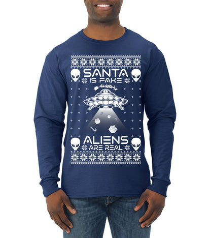 Santa Is Fake Aliens Are Real ,Christmas Gifts, Funny Xmas Gift Idea, Ugly Christmas Sweater Mens Long Sleeve Shirt