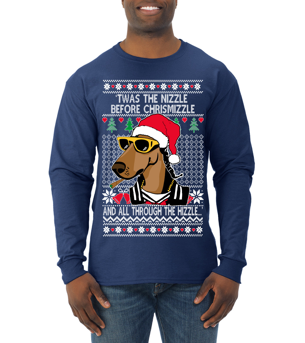 Twas The Nizzle Before Chrismizzle Gangster Dogg Rapper, Christmas Gifts, Funny Xmas Gift Idea, Ugly Christmas Sweater Mens Long Sleeve Shirt