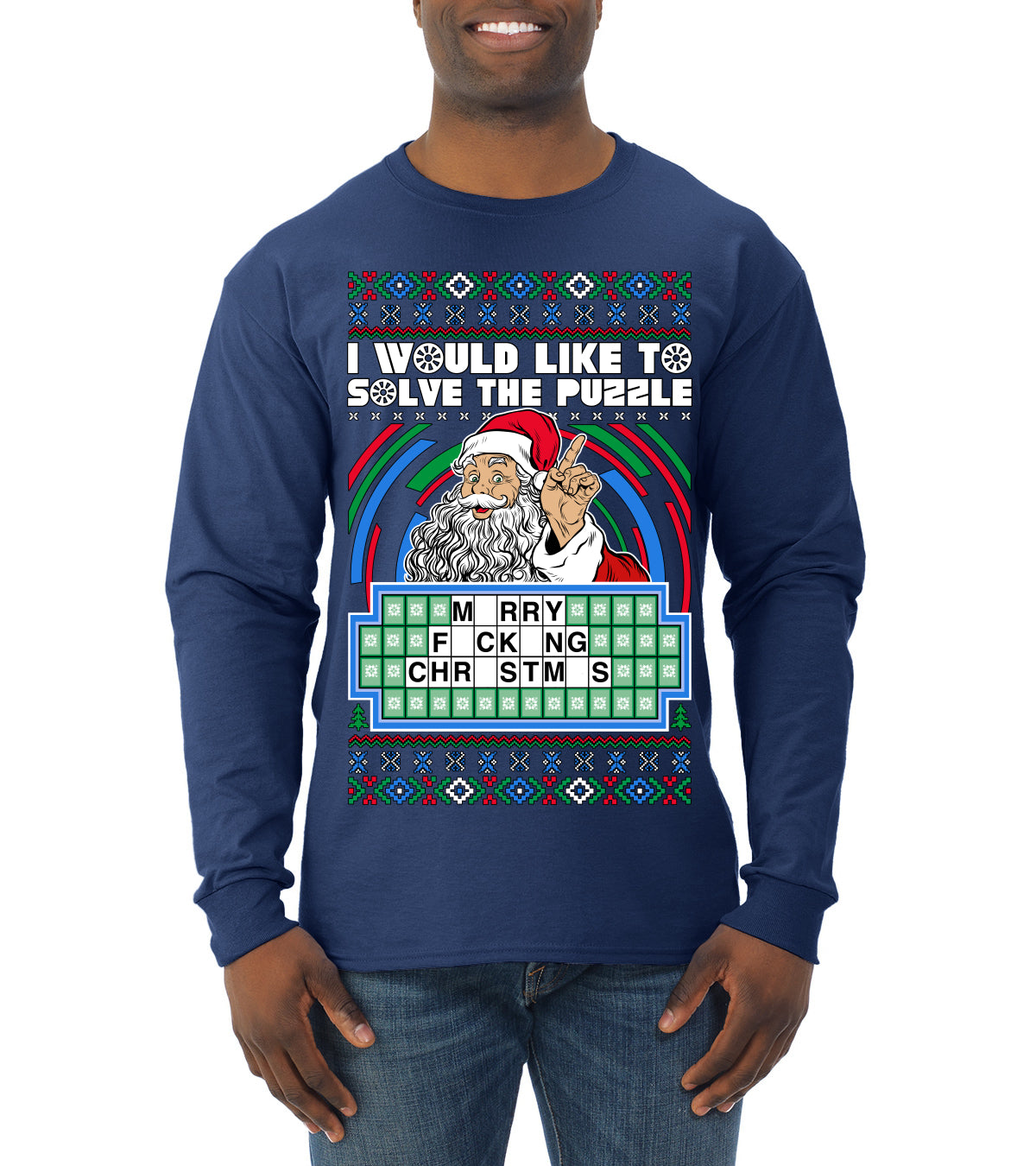 Santa Game Show I'd Like To Solve the Puzzle Wheel Ugly Christmas Sweater, Christmas Gifts, Funny Xmas Gift Idea, Mens Long Sleeve Shirt