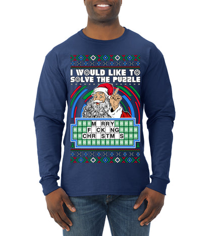 Santa Game Show I'd Like To Solve the Puzzle Wheel Ugly Christmas Sweater, Christmas Gifts, Funny Xmas Gift Idea, Mens Long Sleeve Shirt