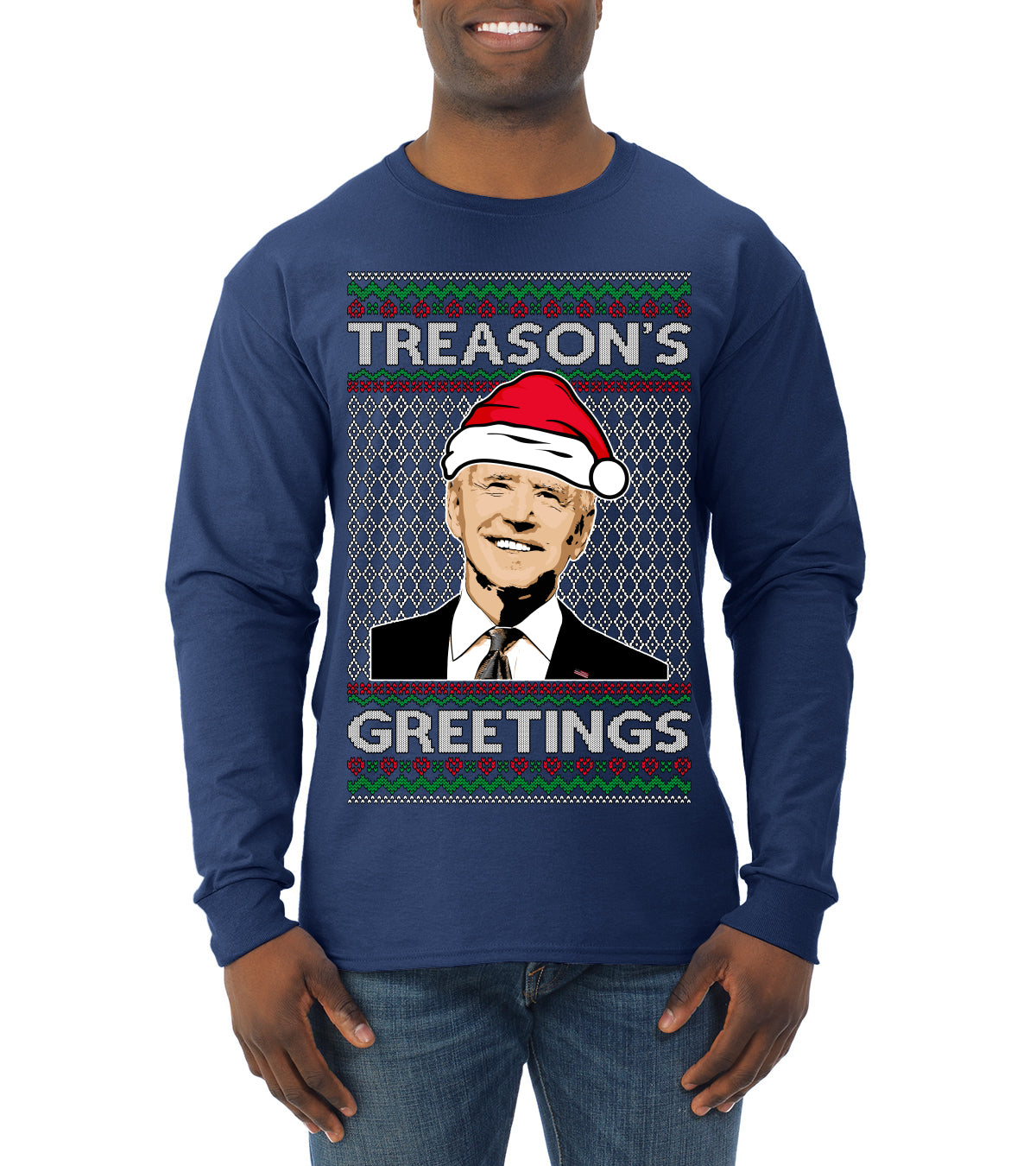 Treason's Greetings Biden President Humor Ugly Christmas Sweater, Christmas Gifts, Funny Xmas Gift Idea, Mens Long Sleeve Shirt