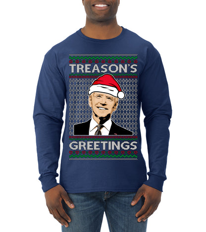 Treason's Greetings Biden President Humor Ugly Christmas Sweater, Christmas Gifts, Funny Xmas Gift Idea, Mens Long Sleeve Shirt