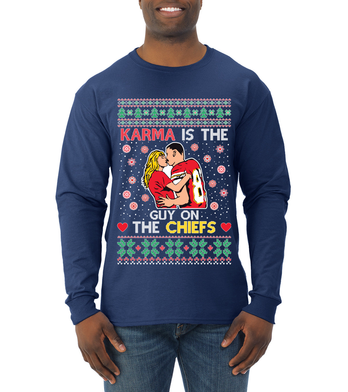 Karma is the Guy on the Football Team, Christmas Gifts, Funny Xmas Gift Idea, Ugly Christmas  Mens Long Sleeve Shirt