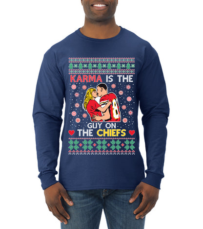 Karma is the Guy on the Football Team, Christmas Gifts, Funny Xmas Gift Idea, Ugly Christmas  Mens Long Sleeve Shirt