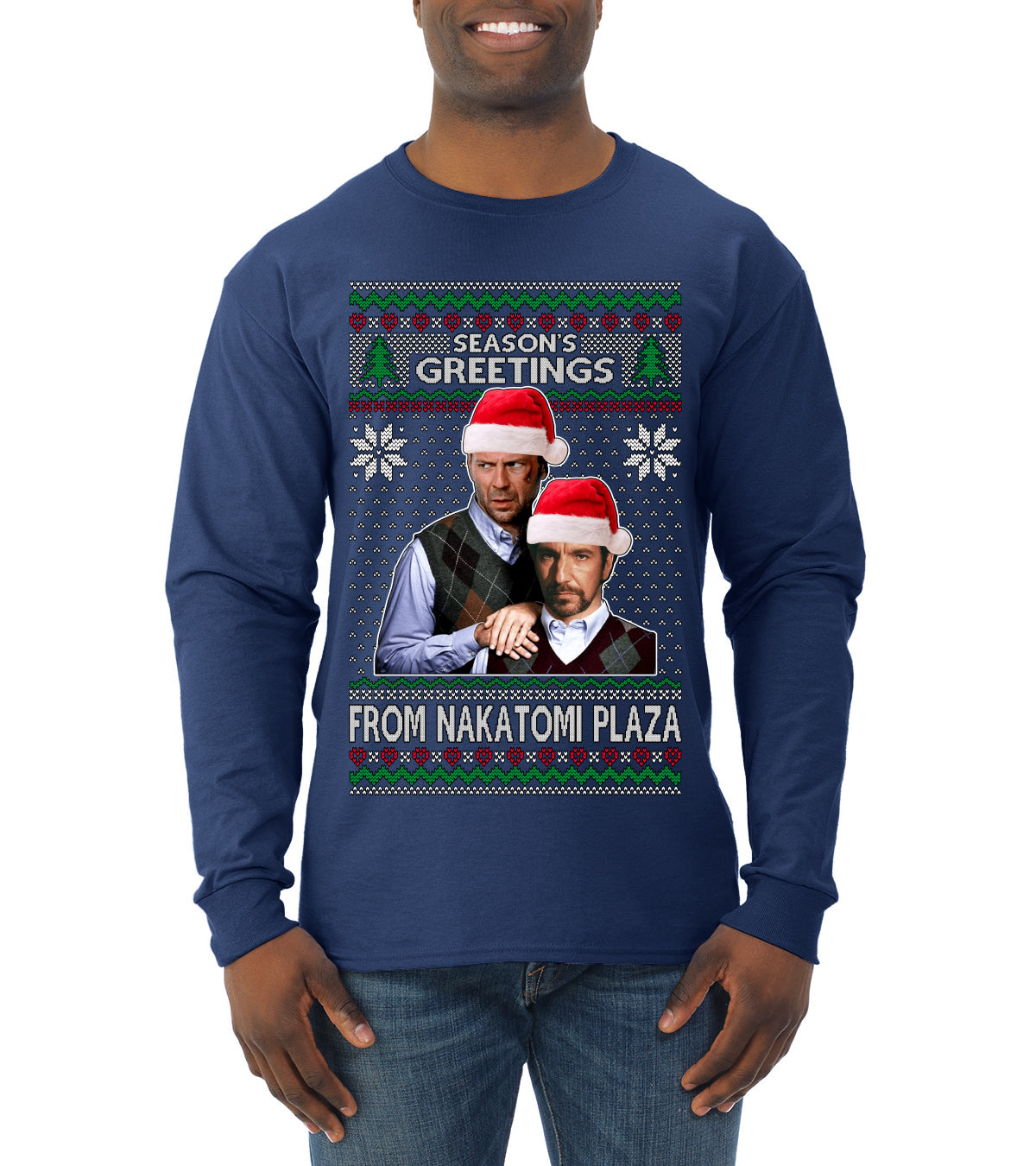 Nakatomi Plaza  Season's Greeting,  Christmas Gifts, Funny Xmas Gift Idea, Ugly Christmas Sweater Mens Long Sleeve Shirt