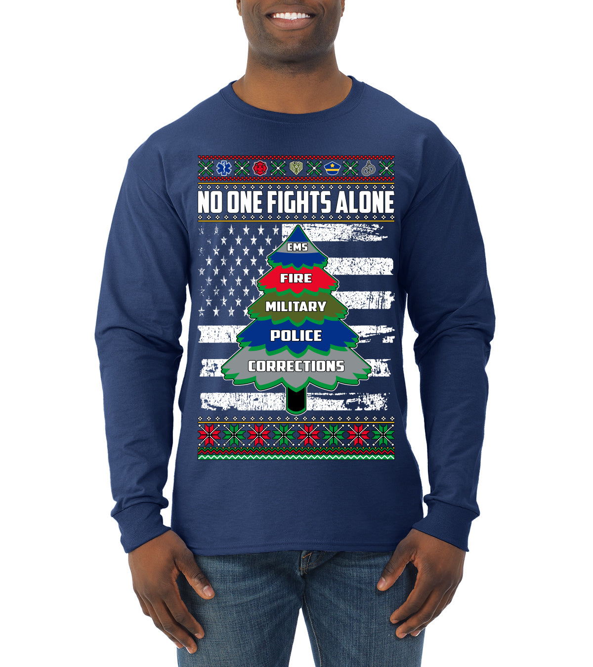 No One Fights Alone, The Heroes,  Christmas Gifts, Funny Xmas Gift Idea, Ugly Christmas Sweater Mens Long Sleeve Shirt