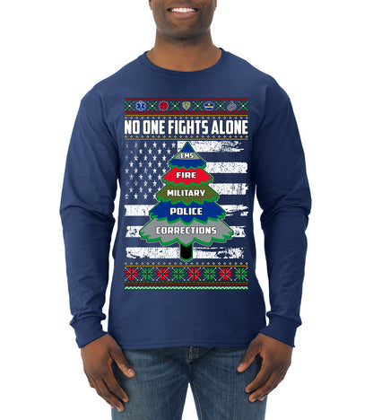 No One Fights Alone, The Heroes,  Christmas Gifts, Funny Xmas Gift Idea, Ugly Christmas Sweater Mens Long Sleeve Shirt