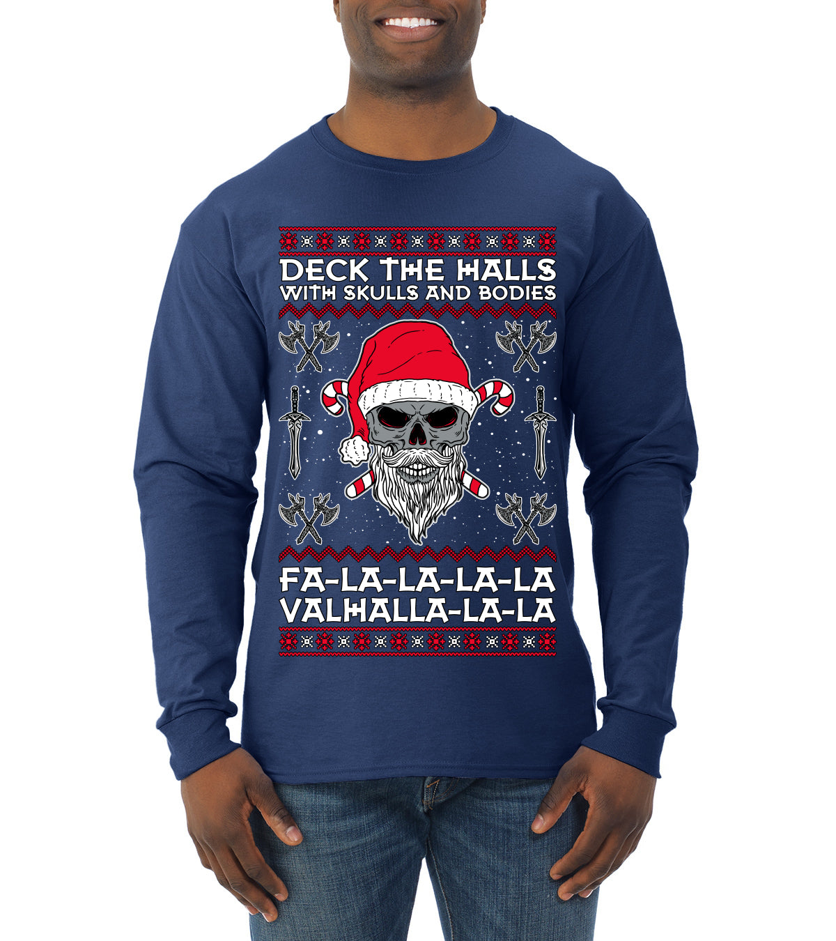 Valhalla Deck The Halls With Skulls & Bodies Movie Xmas Shirt, Christmas Gifts, Funny Xmas Gift Idea, Ugly Christmas Sweater Mens Long Sleeve Shirt