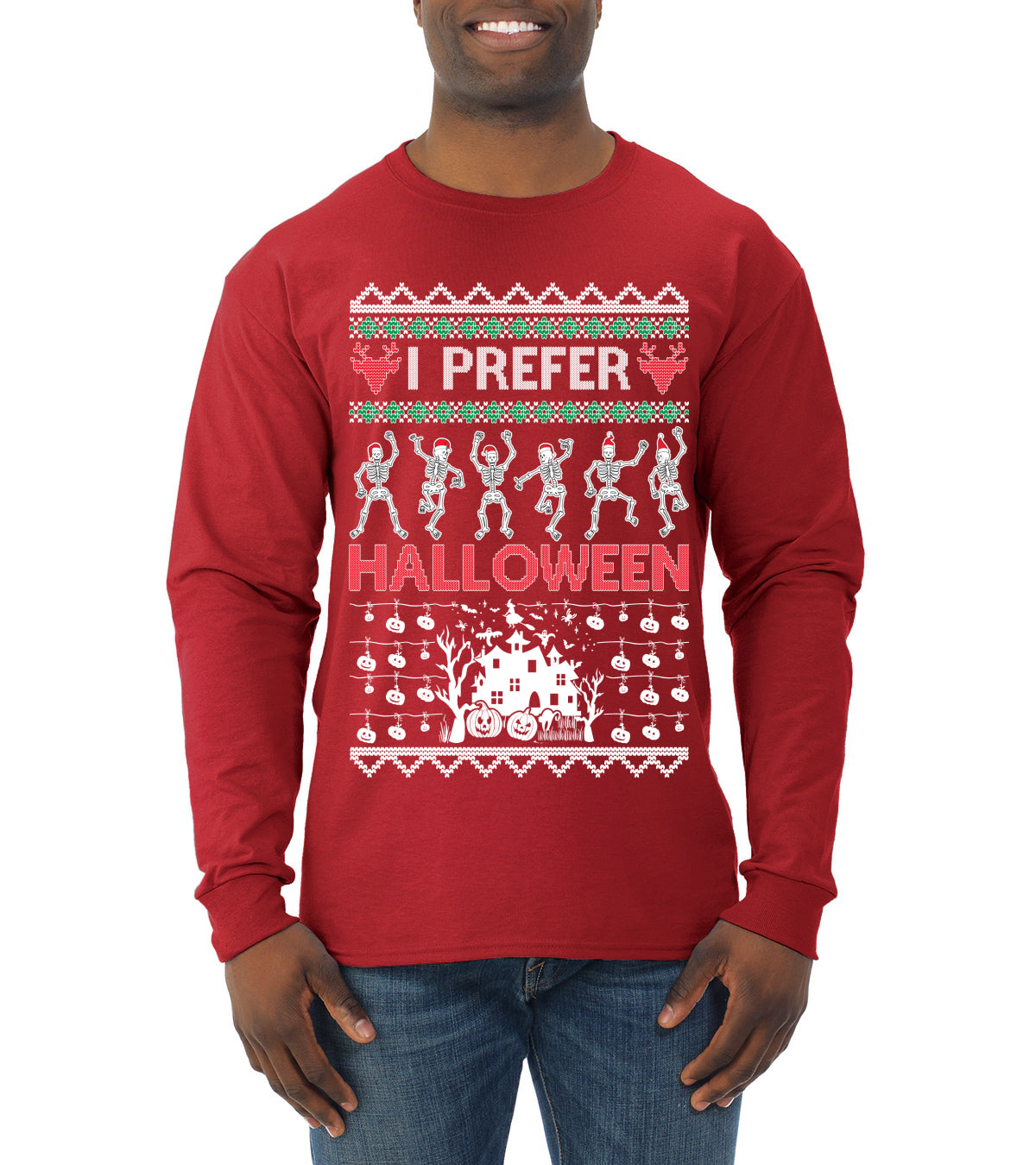 I Prefer Halloween Dancing Skeletons, Xmas Dancers, Christmas Gifts, Funny Xmas Gift Idea, Ugly Christmas  Mens Long Sleeve Shirt