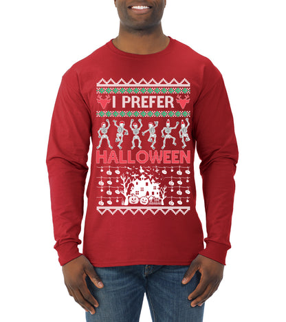 I Prefer Halloween Dancing Skeletons, Xmas Dancers, Christmas Gifts, Funny Xmas Gift Idea, Ugly Christmas  Mens Long Sleeve Shirt