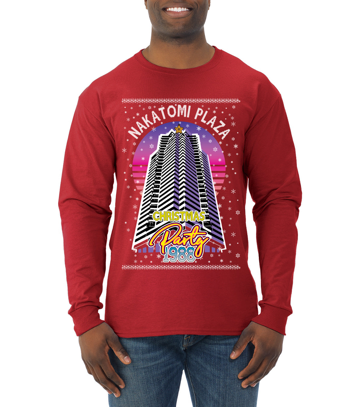Retro Nakatomi Plaza 1988 Holiday Party, Xmas Movie, Christmas Gifts, Funny Xmas Gift Idea, Ugly Christmas  Mens Long Sleeve Shirt