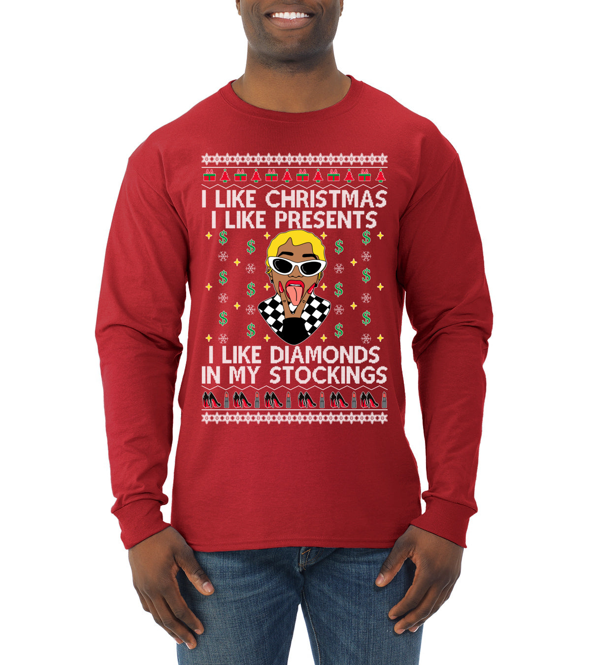 I Like Christmas, I like Presents Cardi, Christmas Gifts, Funny Xmas Gift Idea, Ugly Christmas Sweater Mens Long Sleeve Shirt