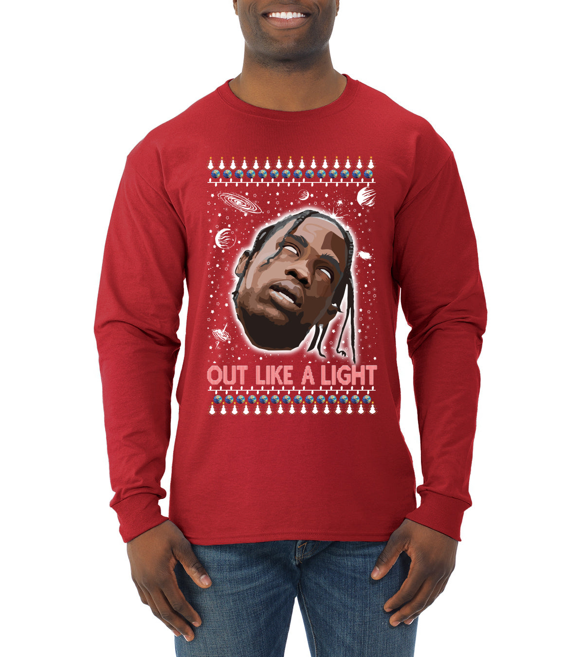 Out Like a Light, Christmas Gifts, Funny Xmas Gift Idea, Ugly Christmas Sweater Mens Long Sleeve Shirt