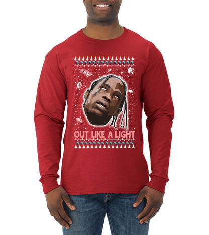 Out Like a Light, Christmas Gifts, Funny Xmas Gift Idea, Ugly Christmas Sweater Mens Long Sleeve Shirt