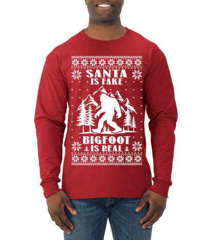 Santa Is Fake Bigfoot Is Real ,Christmas Gifts, Funny Xmas Gift Idea, Ugly Christmas Sweater Mens Long Sleeve Shirt