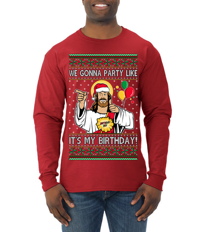 Gonna Party Like It's My Birthday Jesus, Christmas Gifts, Funny Xmas Gift Idea, Ugly Christmas Sweater Mens Long Sleeve Shirt