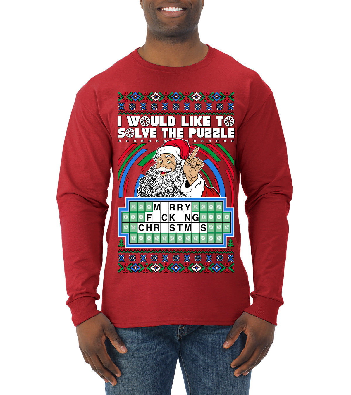 Santa Game Show I'd Like To Solve the Puzzle Wheel Ugly Christmas Sweater, Christmas Gifts, Funny Xmas Gift Idea, Mens Long Sleeve Shirt